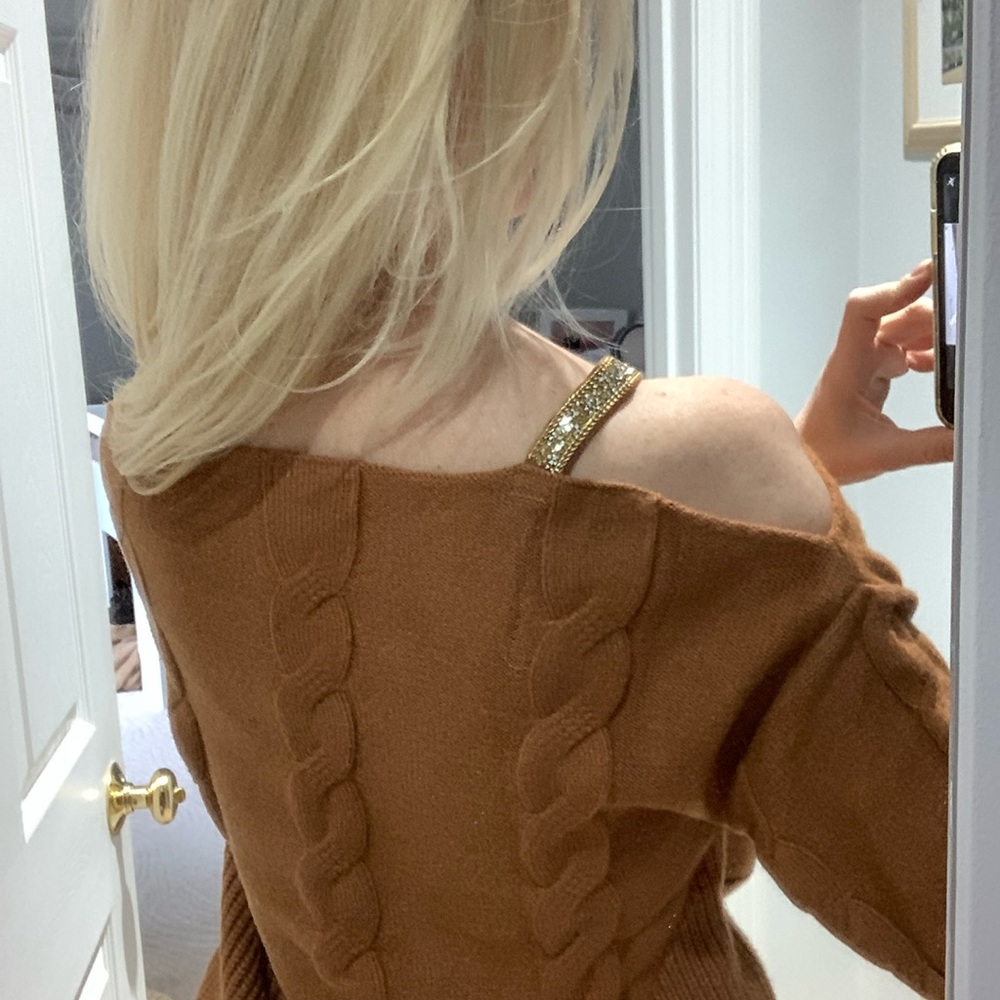Venus  brown cold shoulder sweater with beaded embellished detail neckline - Picture 9 of 10